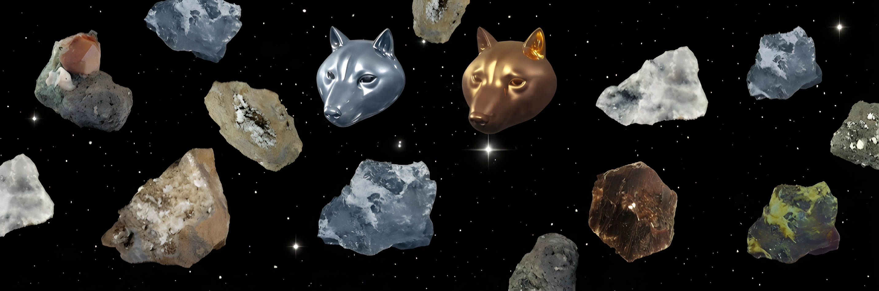 Minerals and metal inus floating in space